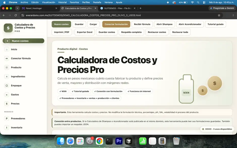 Pantalla real de Costos y Precios Pro